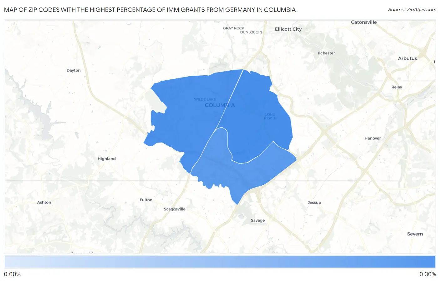Zip Codes with the Highest Percentage of Immigrants from Germany in Columbia Map