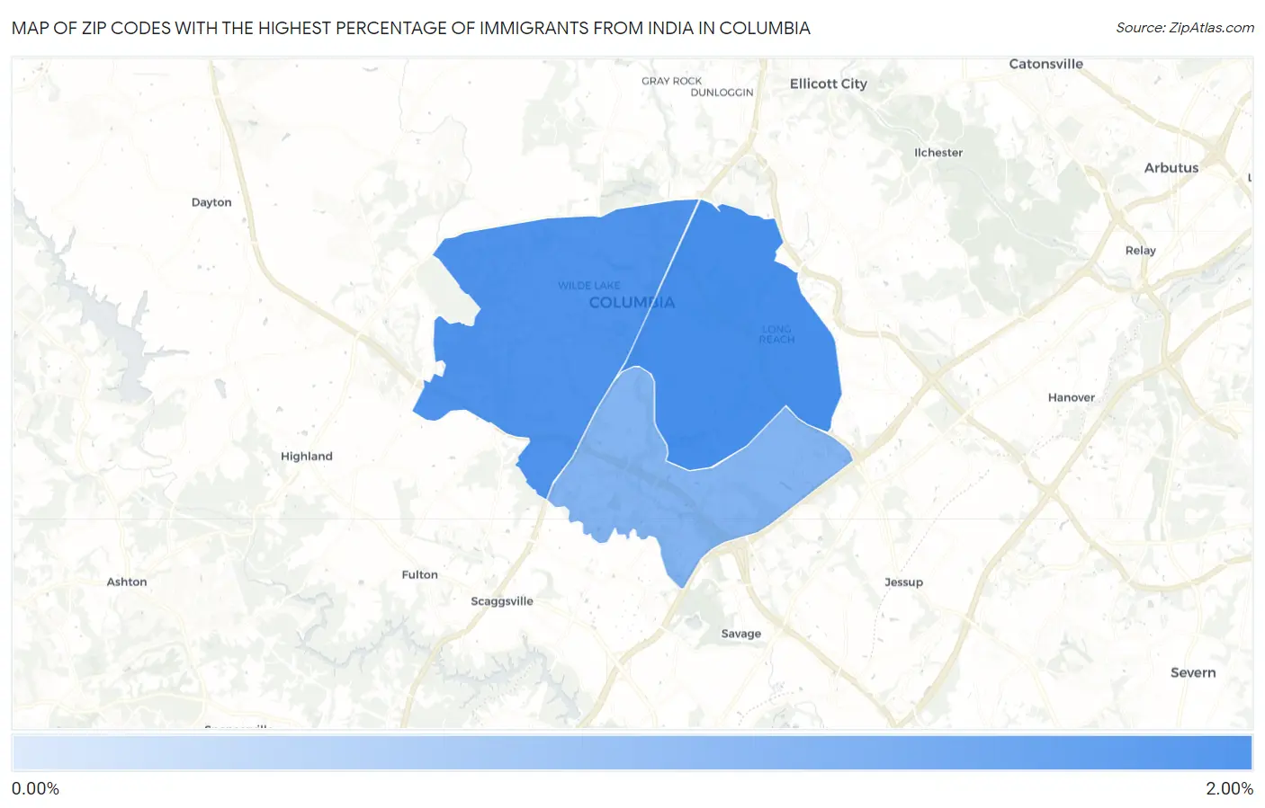 Zip Codes with the Highest Percentage of Immigrants from India in Columbia Map