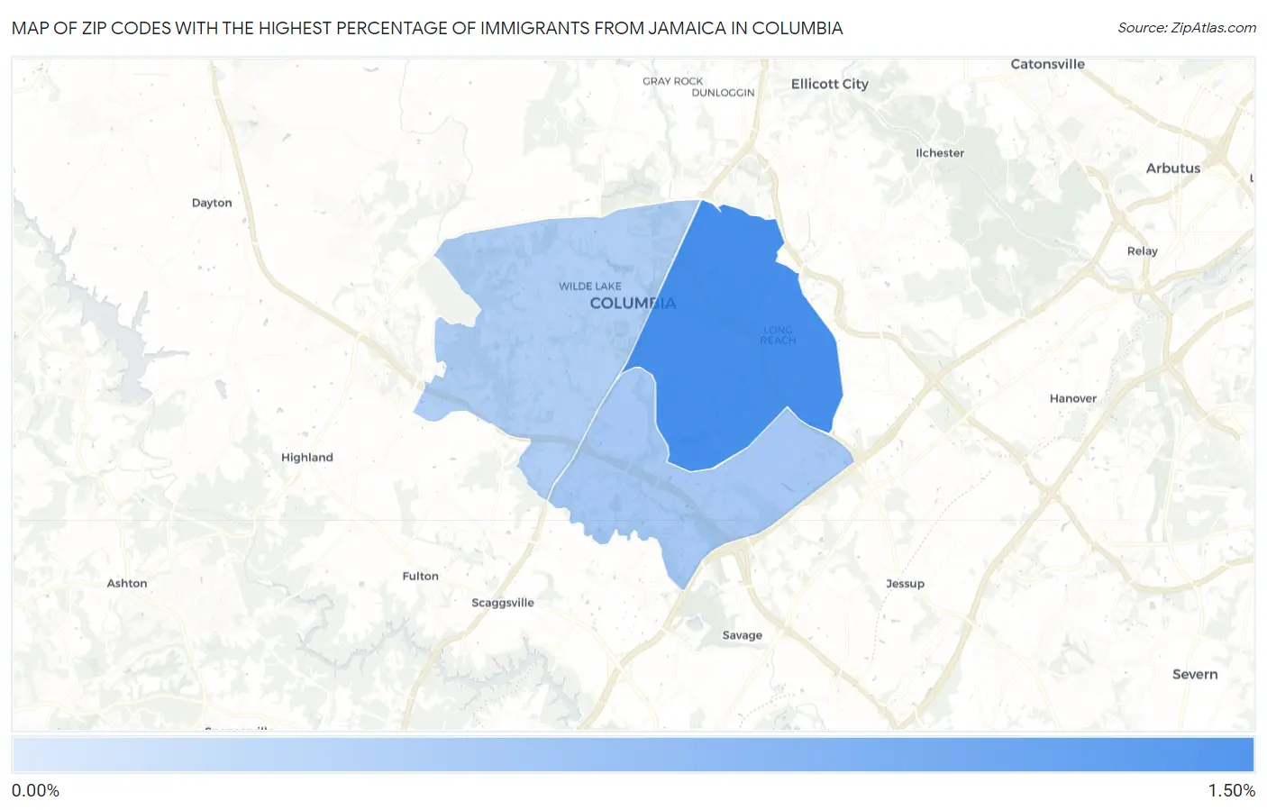 Zip Codes with the Highest Percentage of Immigrants from Jamaica in Columbia Map