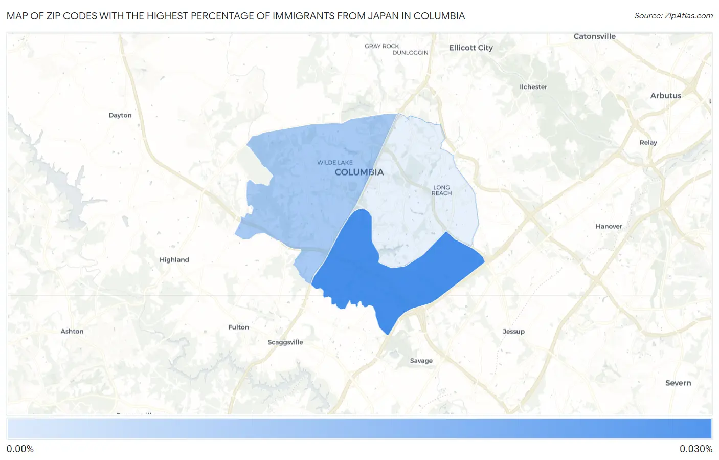 Zip Codes with the Highest Percentage of Immigrants from Japan in Columbia Map