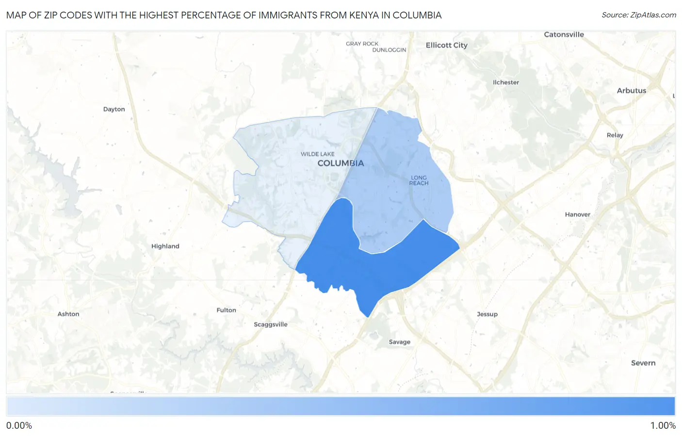 Zip Codes with the Highest Percentage of Immigrants from Kenya in Columbia Map