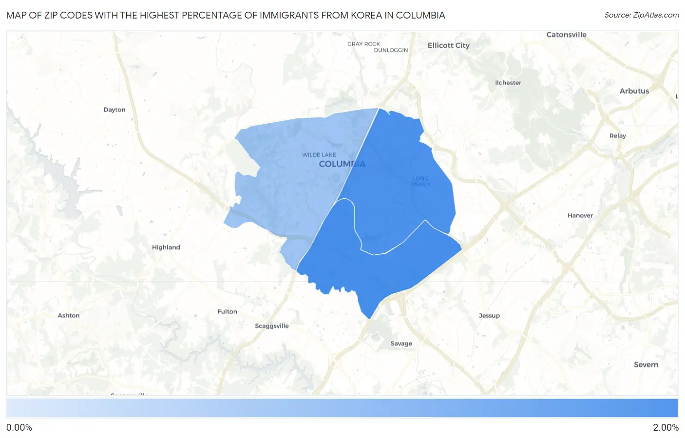 Zip Codes with the Highest Percentage of Immigrants from Korea in Columbia Map