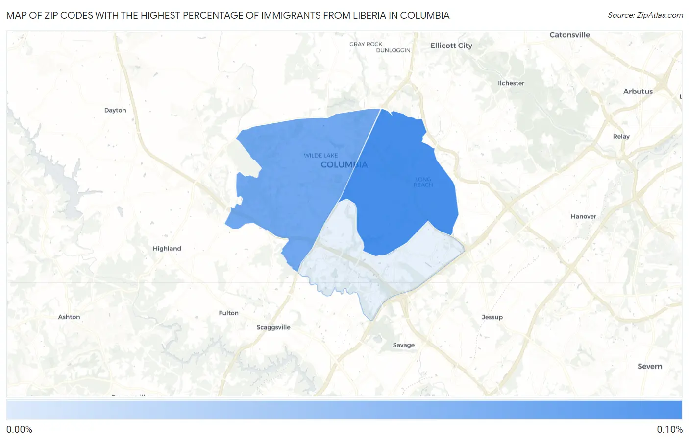 Zip Codes with the Highest Percentage of Immigrants from Liberia in Columbia Map