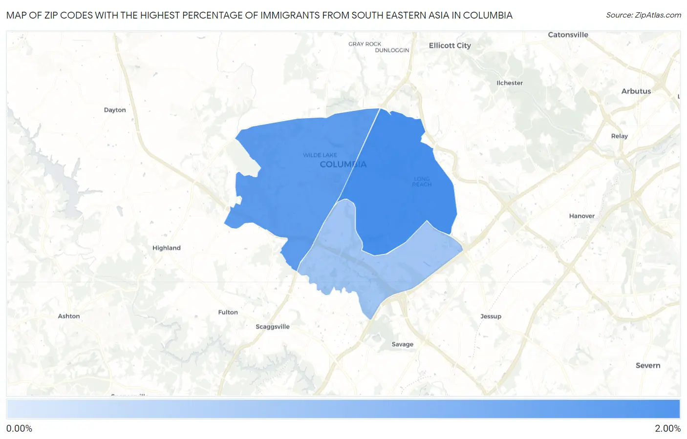 Zip Codes with the Highest Percentage of Immigrants from South Eastern Asia in Columbia Map