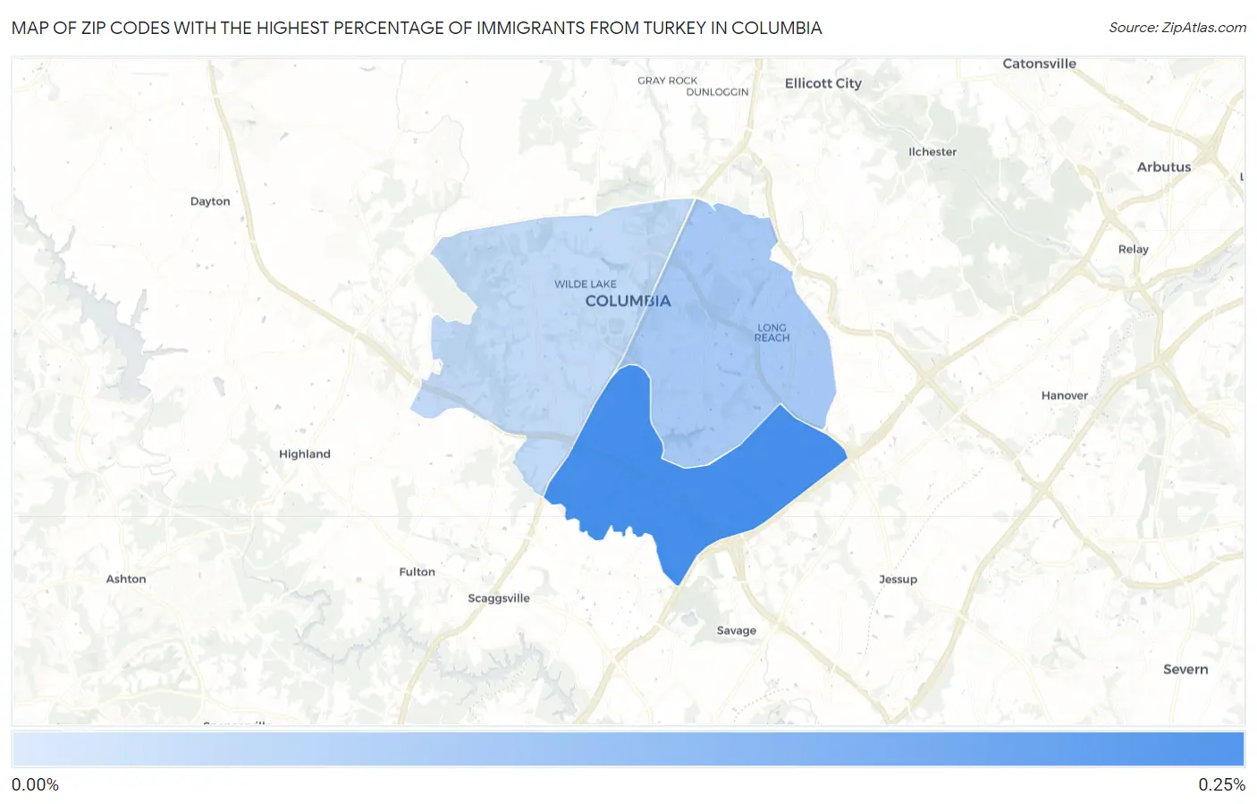 Zip Codes with the Highest Percentage of Immigrants from Turkey in Columbia Map