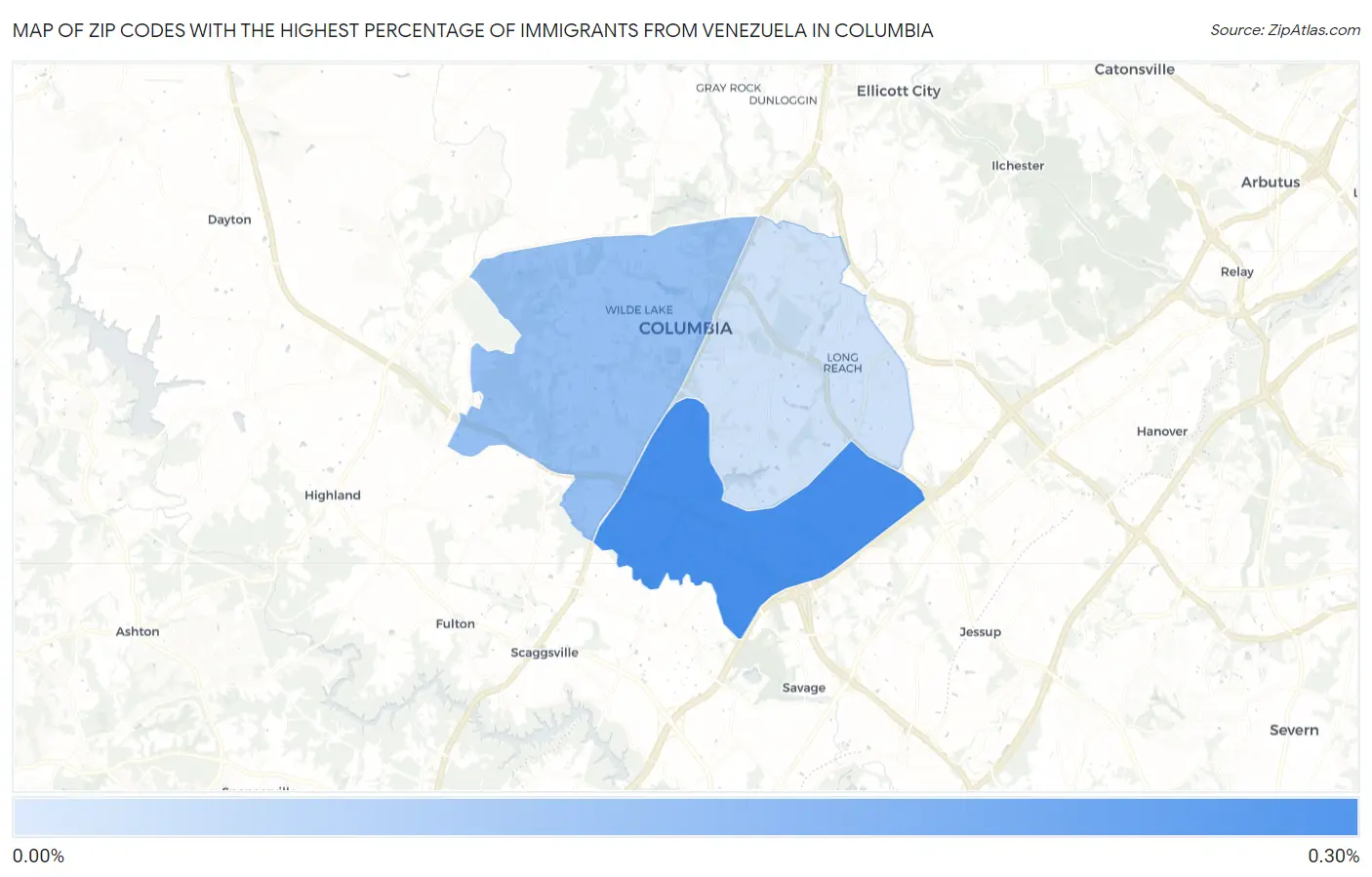 Zip Codes with the Highest Percentage of Immigrants from Venezuela in Columbia Map