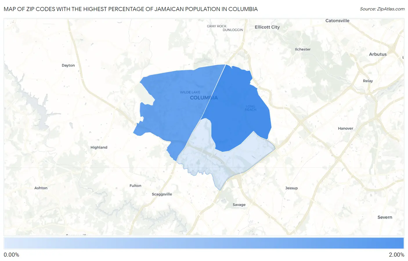 Zip Codes with the Highest Percentage of Jamaican Population in Columbia Map