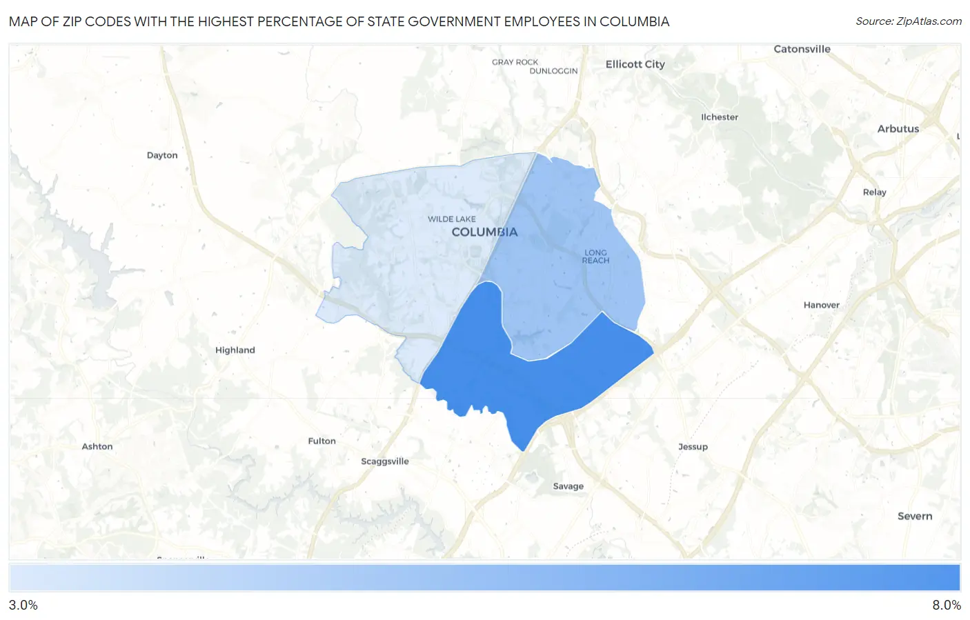Zip Codes with the Highest Percentage of State Government Employees in Columbia Map