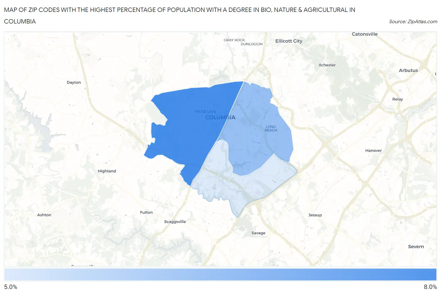 Zip Codes with the Highest Percentage of Population with a Degree in Bio, Nature & Agricultural in Columbia Map