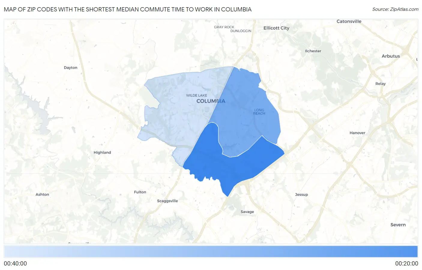 Zip Codes with the Shortest Median Commute Time to Work in Columbia Map