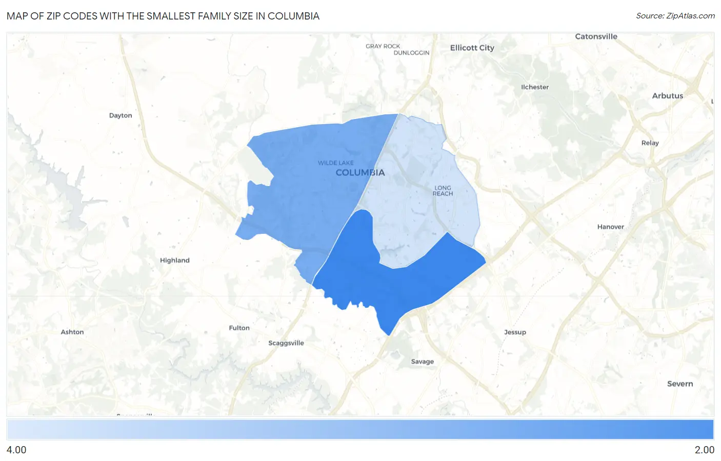 Zip Codes with the Smallest Family Size in Columbia Map