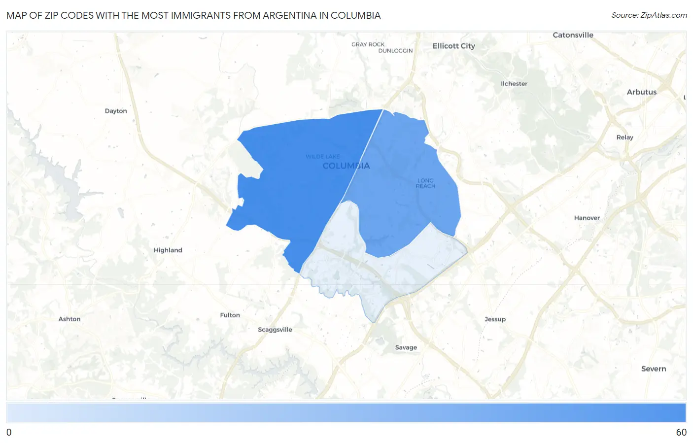 Zip Codes with the Most Immigrants from Argentina in Columbia Map