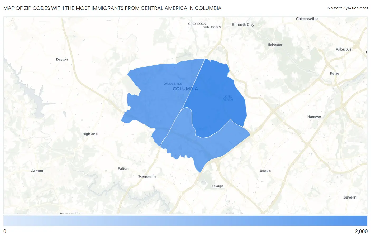 Zip Codes with the Most Immigrants from Central America in Columbia Map