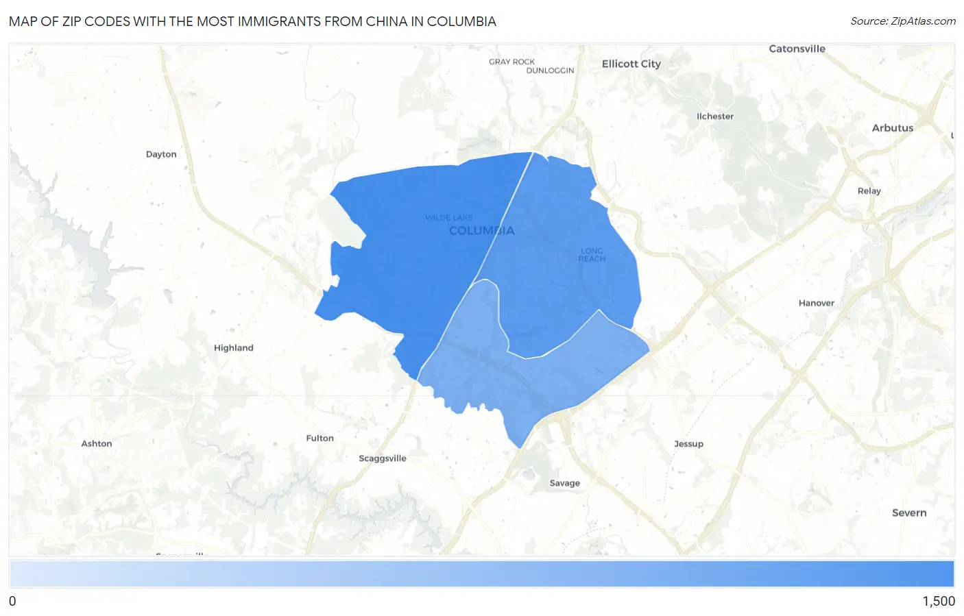 Zip Codes with the Most Immigrants from China in Columbia Map
