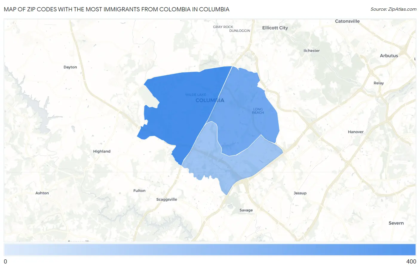 Zip Codes with the Most Immigrants from Colombia in Columbia Map