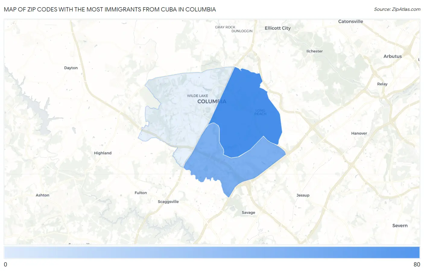 Zip Codes with the Most Immigrants from Cuba in Columbia Map