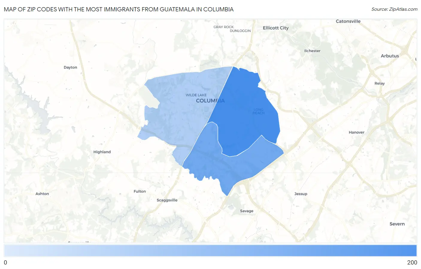 Zip Codes with the Most Immigrants from Guatemala in Columbia Map
