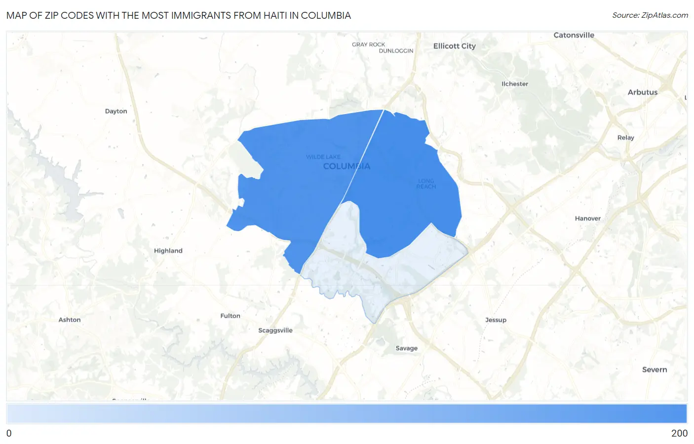 Zip Codes with the Most Immigrants from Haiti in Columbia Map