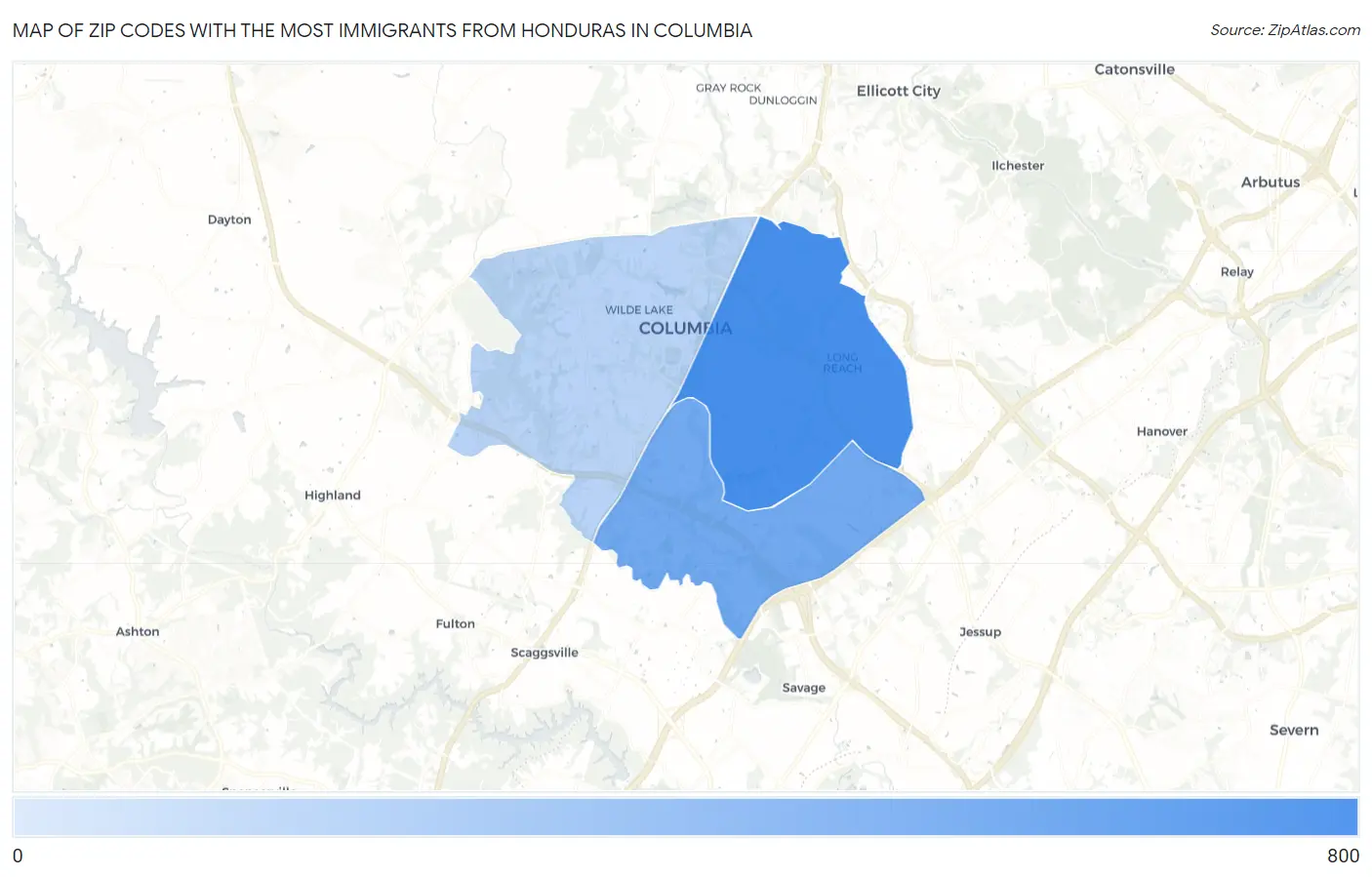 Zip Codes with the Most Immigrants from Honduras in Columbia Map