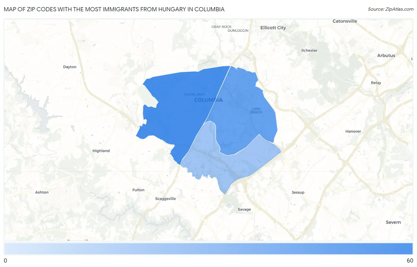 Zip Codes with the Most Immigrants from Hungary in Columbia Map