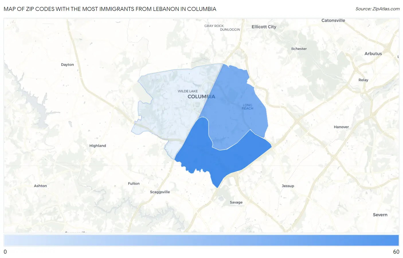 Zip Codes with the Most Immigrants from Lebanon in Columbia Map