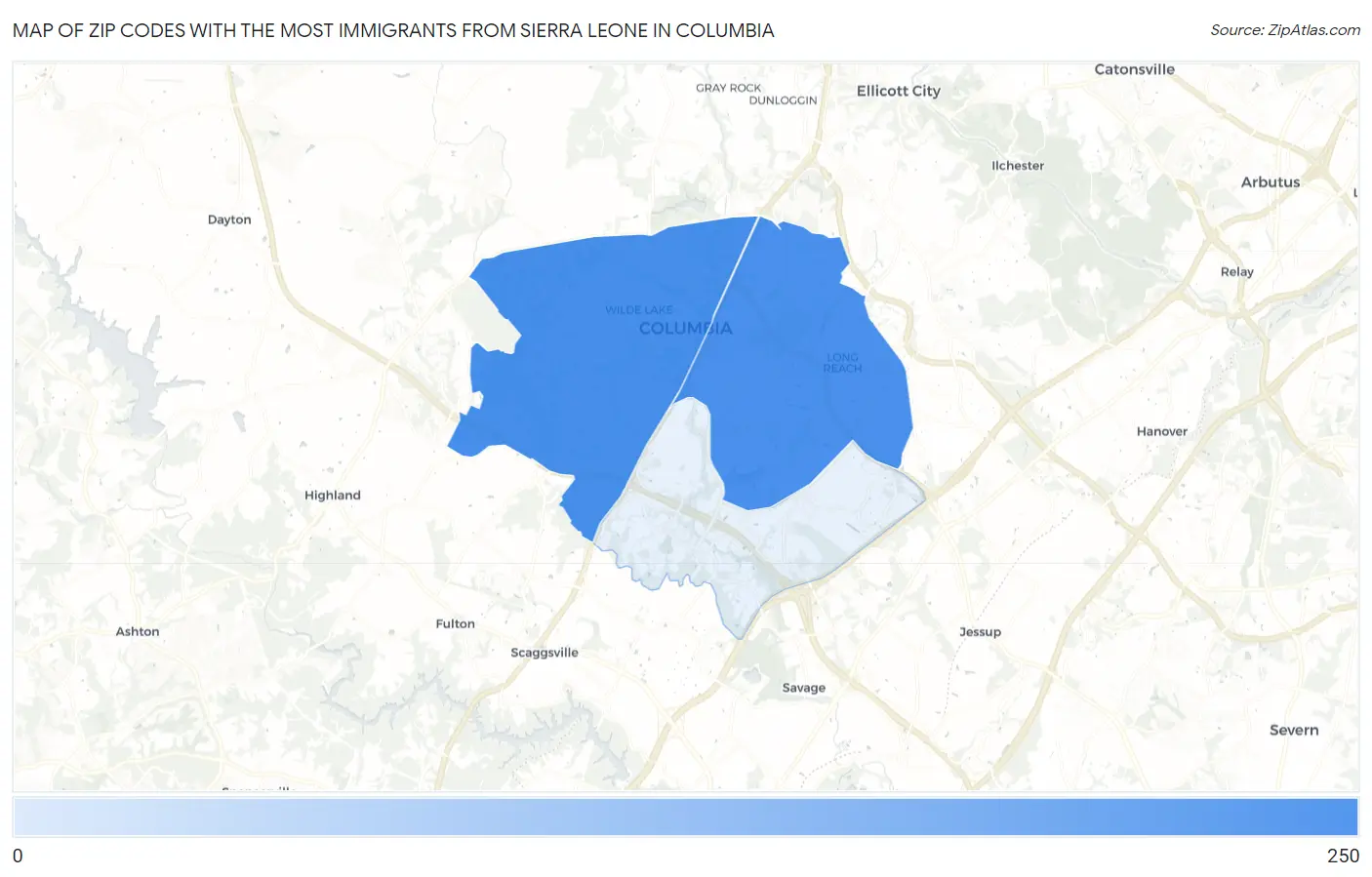 Zip Codes with the Most Immigrants from Sierra Leone in Columbia Map