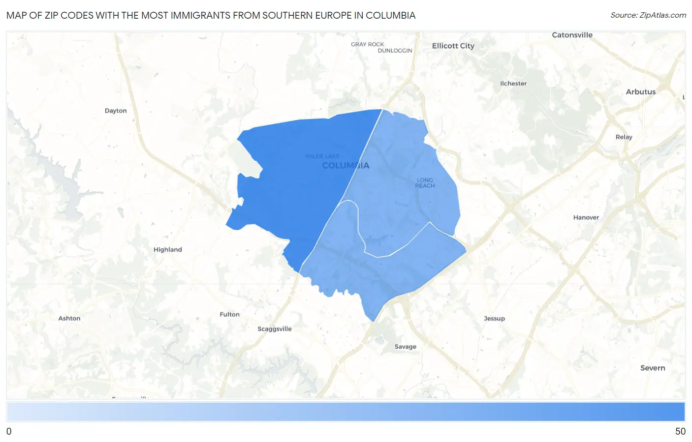 Zip Codes with the Most Immigrants from Southern Europe in Columbia Map