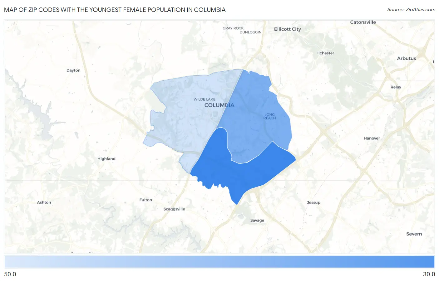 Zip Codes with the Youngest Female Population in Columbia Map
