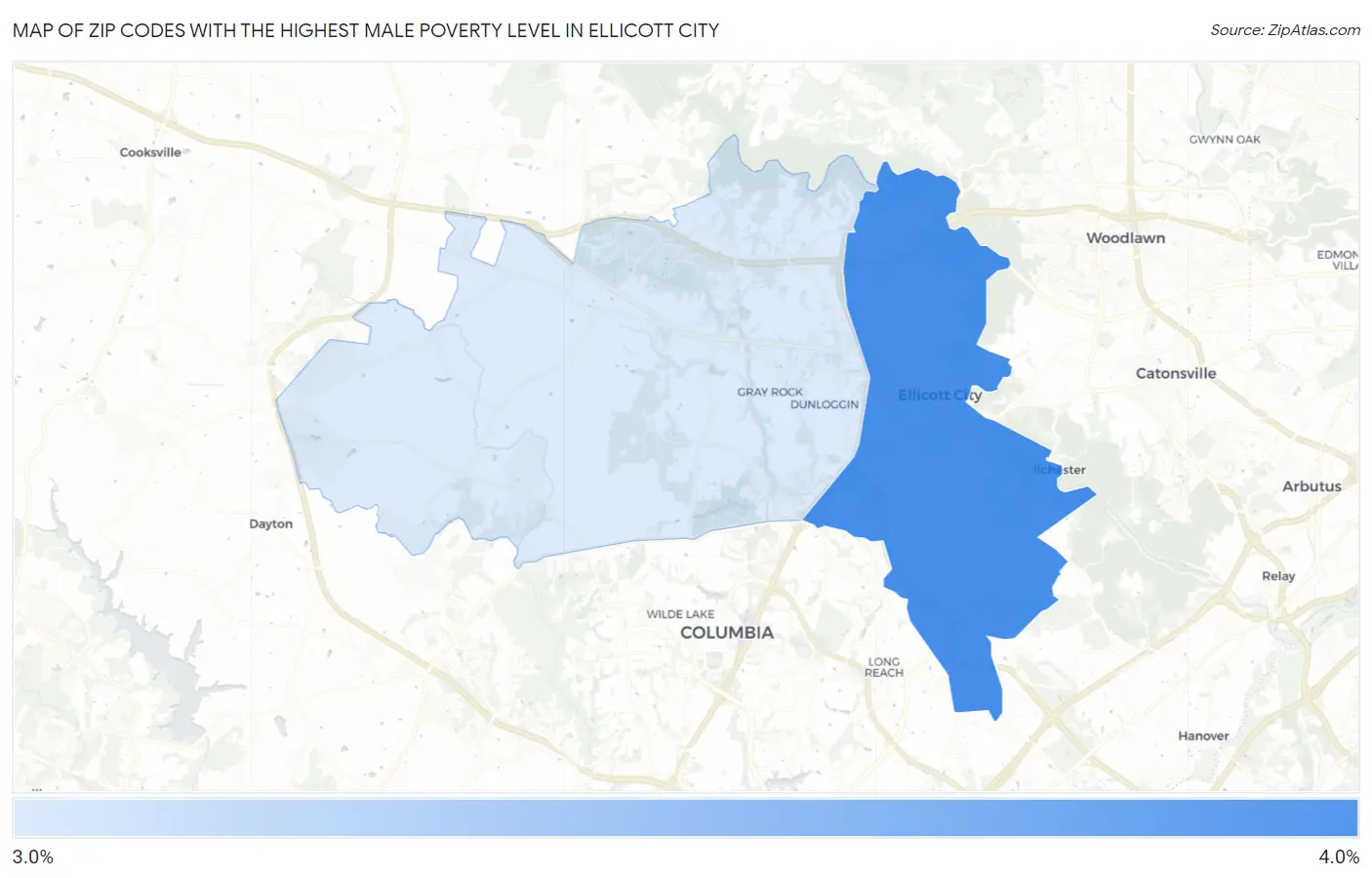 Zip Codes with the Highest Male Poverty Level in Ellicott City Map