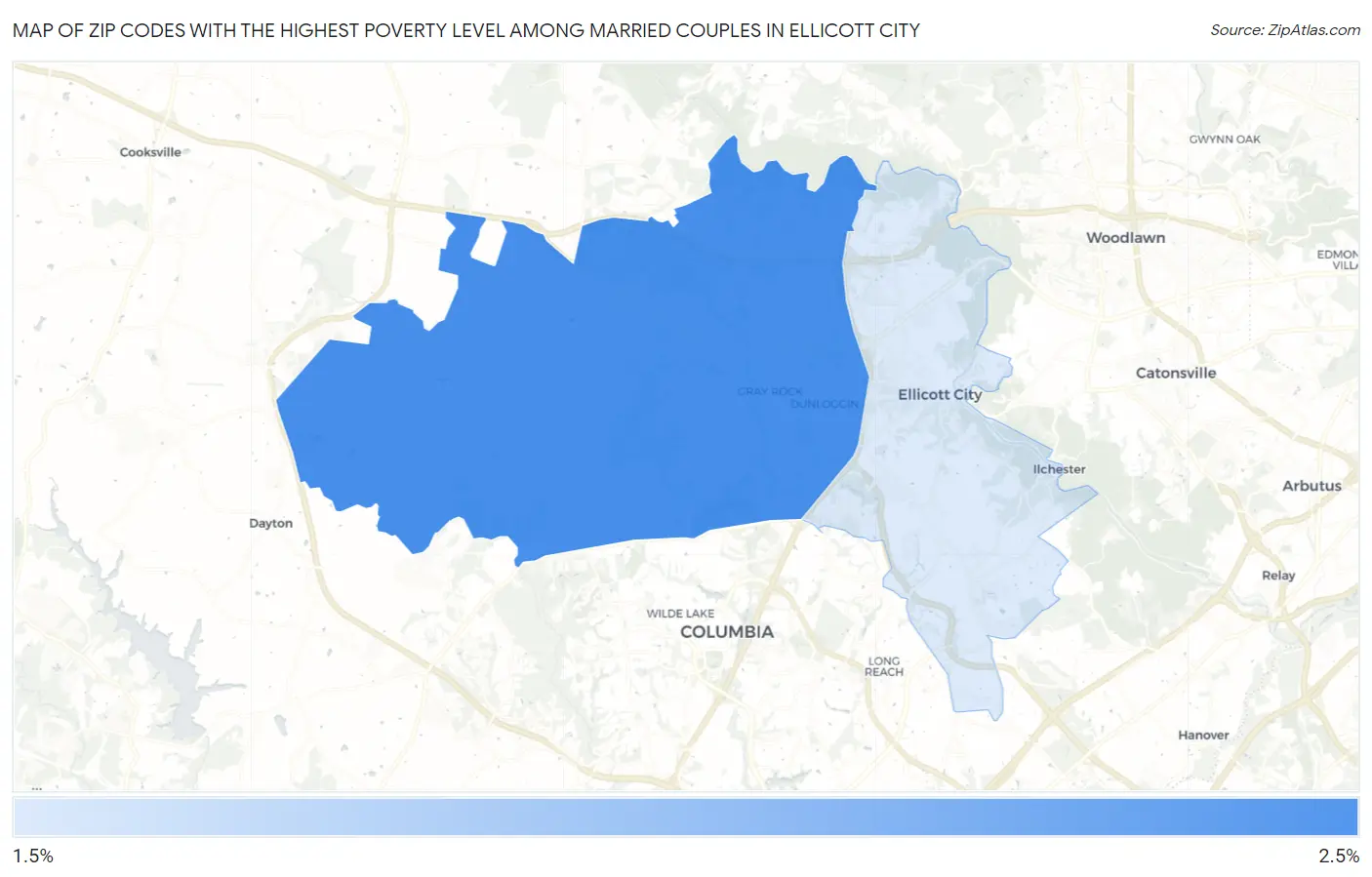 Zip Codes with the Highest Poverty Level Among Married Couples in Ellicott City Map