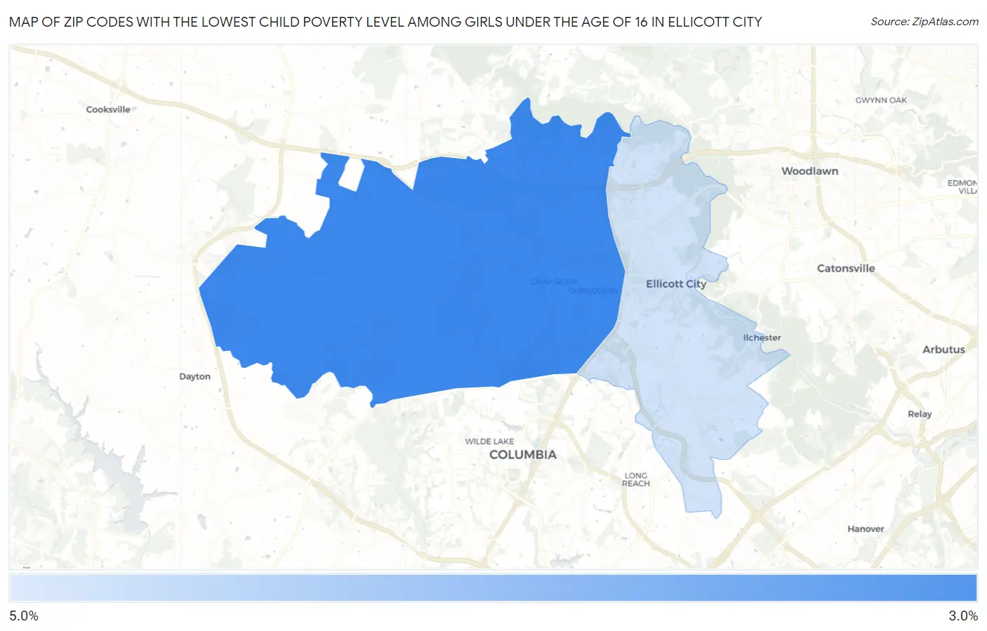 Zip Codes with the Lowest Child Poverty Level Among Girls Under the Age of 16 in Ellicott City Map