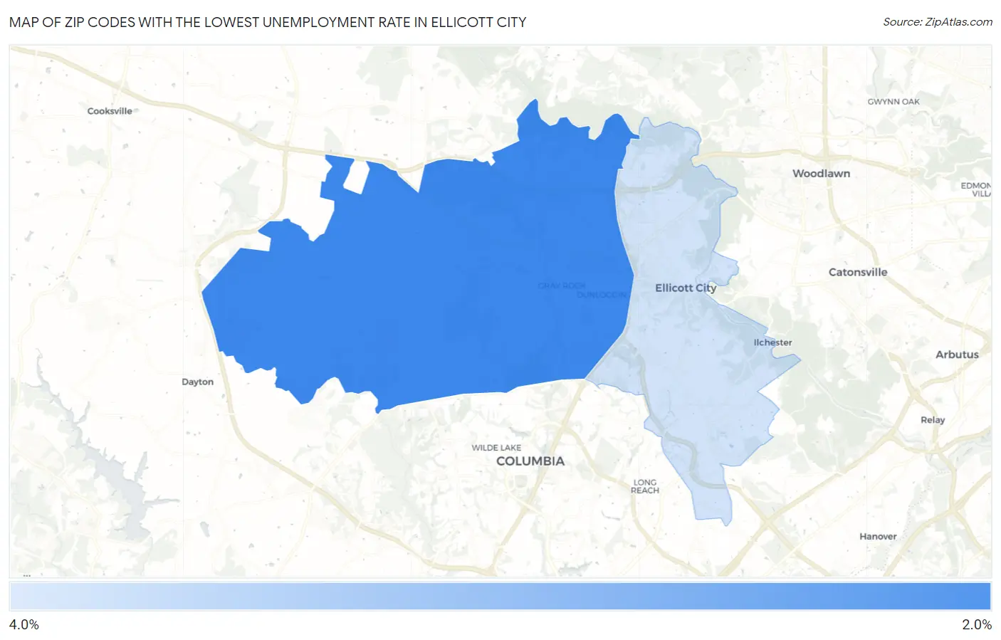 Zip Codes with the Lowest Unemployment Rate in Ellicott City Map