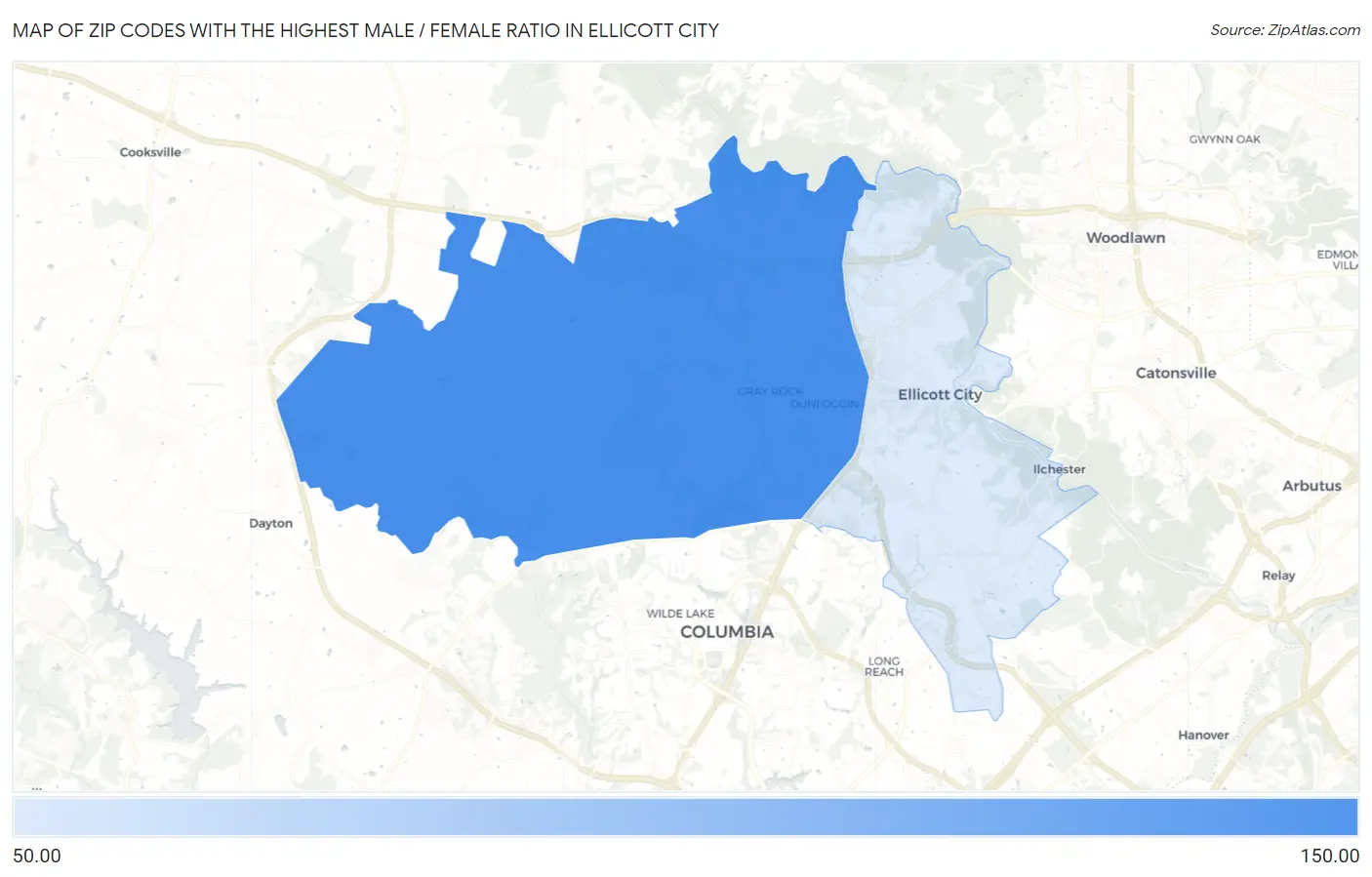 Zip Codes with the Highest Male / Female Ratio in Ellicott City Map