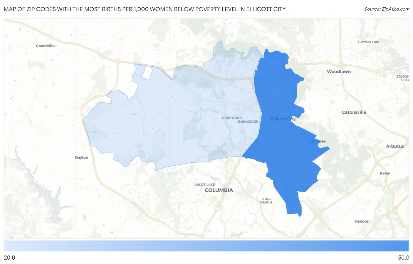 Zip Codes with the Most Births per 1,000 Women Below Poverty Level in Ellicott City Map