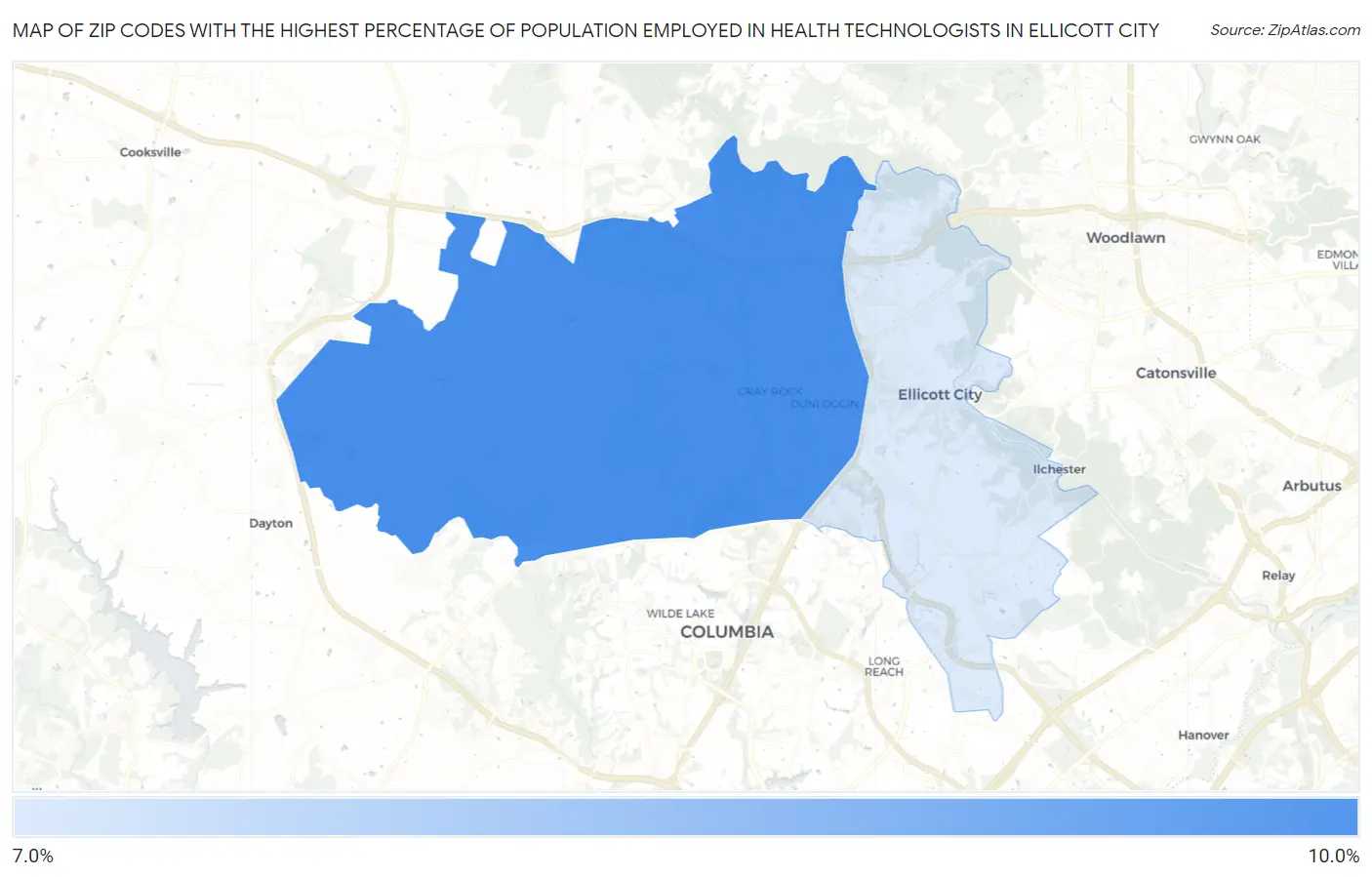 Zip Codes with the Highest Percentage of Population Employed in Health Technologists in Ellicott City Map