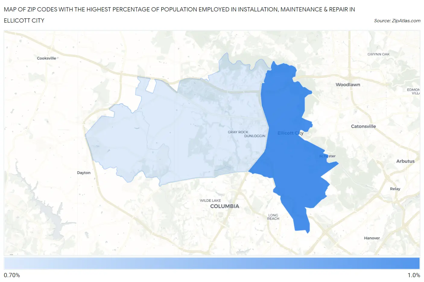 Zip Codes with the Highest Percentage of Population Employed in Installation, Maintenance & Repair in Ellicott City Map