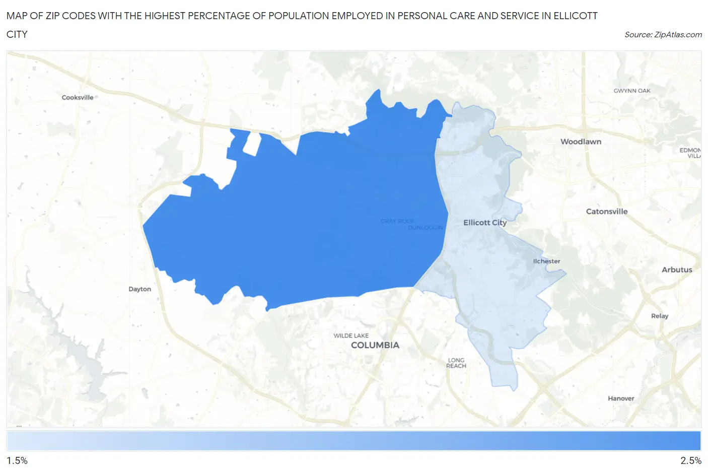 Zip Codes with the Highest Percentage of Population Employed in Personal Care and Service in Ellicott City Map