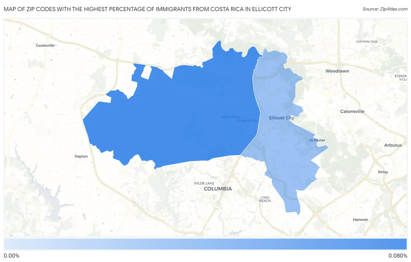 Zip Codes with the Highest Percentage of Immigrants from Costa Rica in Ellicott City Map