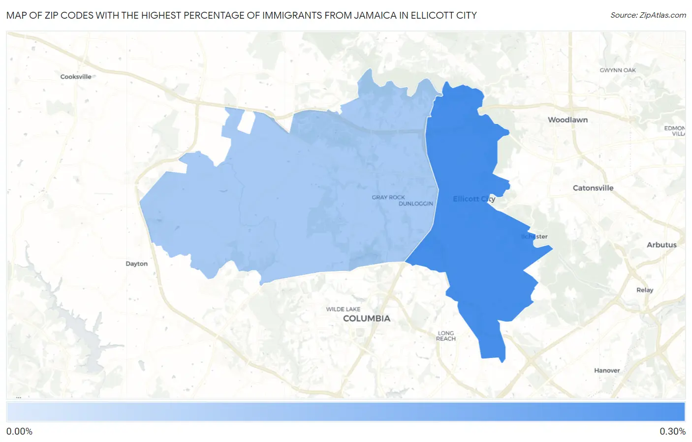 Zip Codes with the Highest Percentage of Immigrants from Jamaica in Ellicott City Map