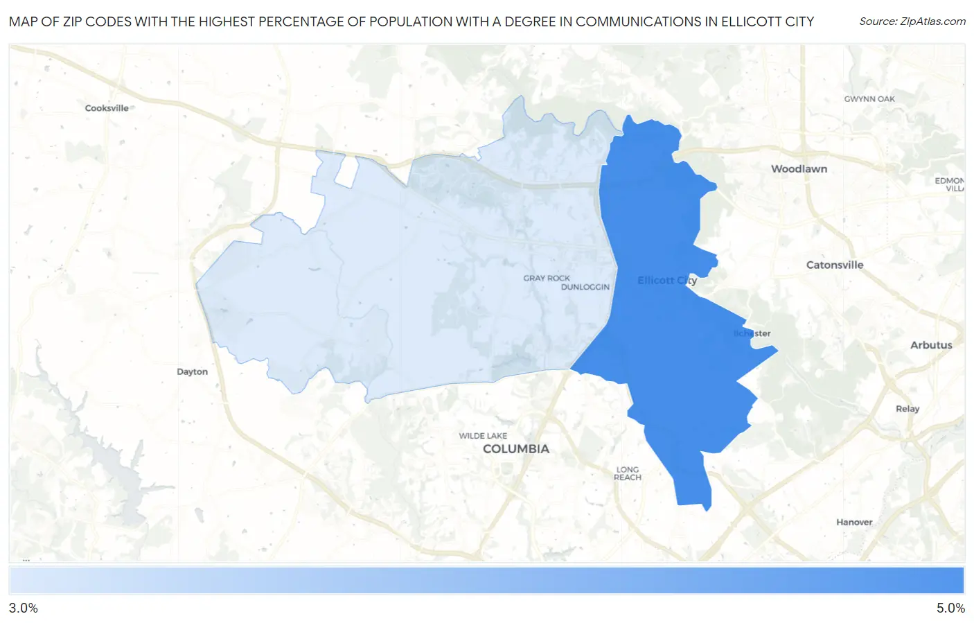 Zip Codes with the Highest Percentage of Population with a Degree in Communications in Ellicott City Map