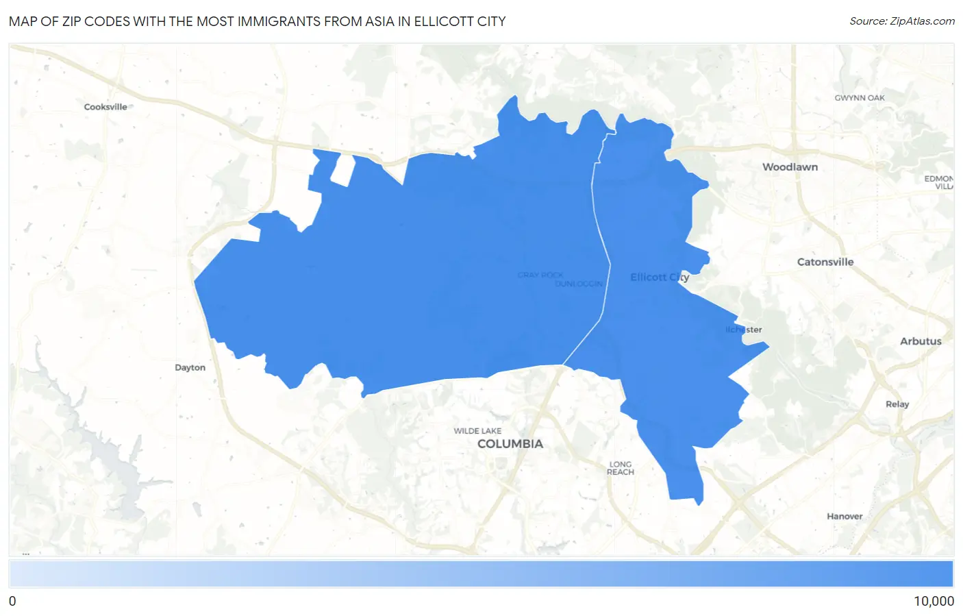 Zip Codes with the Most Immigrants from Asia in Ellicott City Map