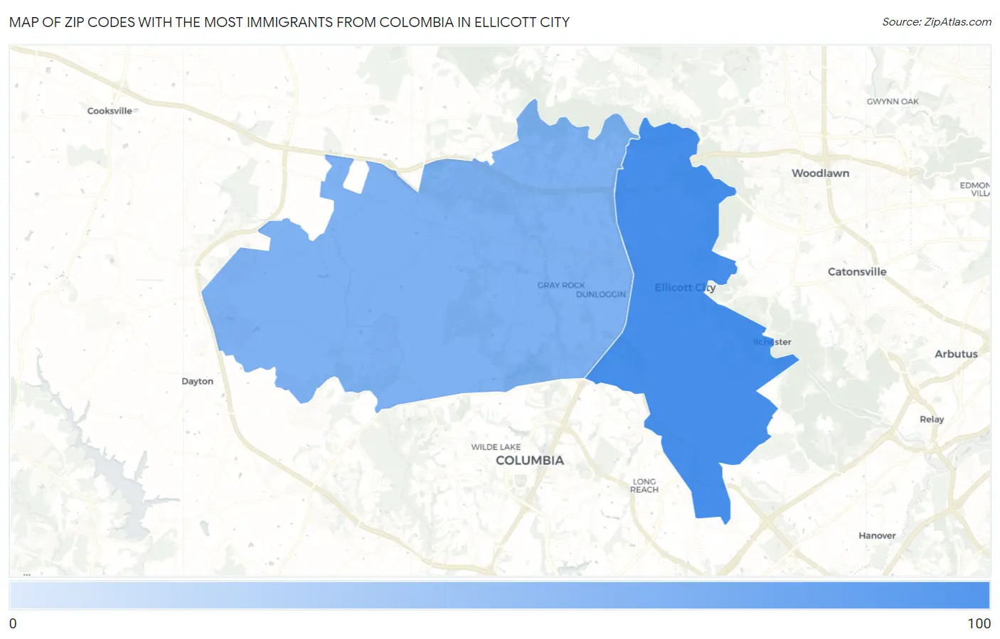 Zip Codes with the Most Immigrants from Colombia in Ellicott City Map