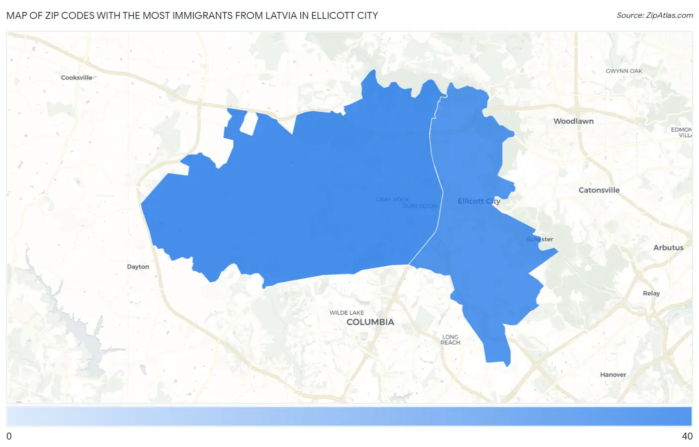 Zip Codes with the Most Immigrants from Latvia in Ellicott City Map