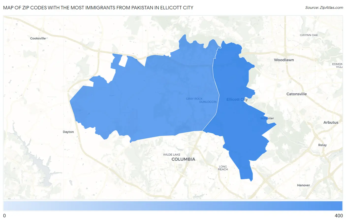 Zip Codes with the Most Immigrants from Pakistan in Ellicott City Map