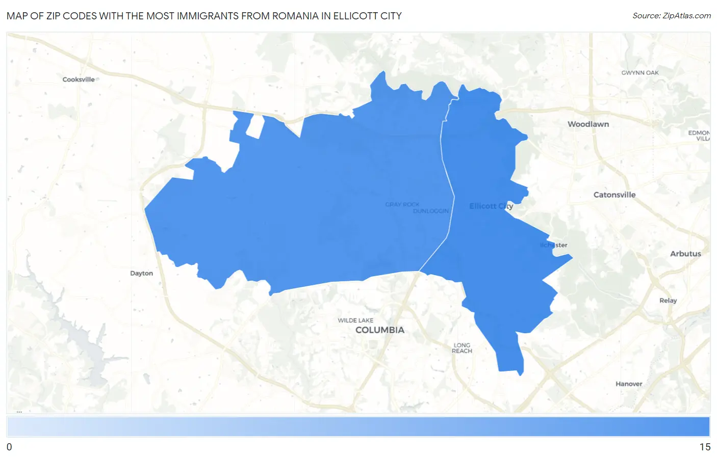 Zip Codes with the Most Immigrants from Romania in Ellicott City Map