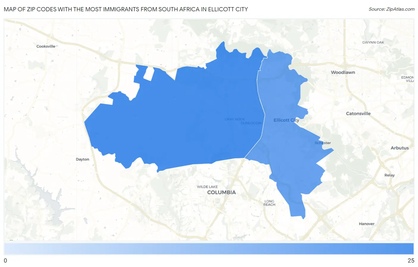 Zip Codes with the Most Immigrants from South Africa in Ellicott City Map