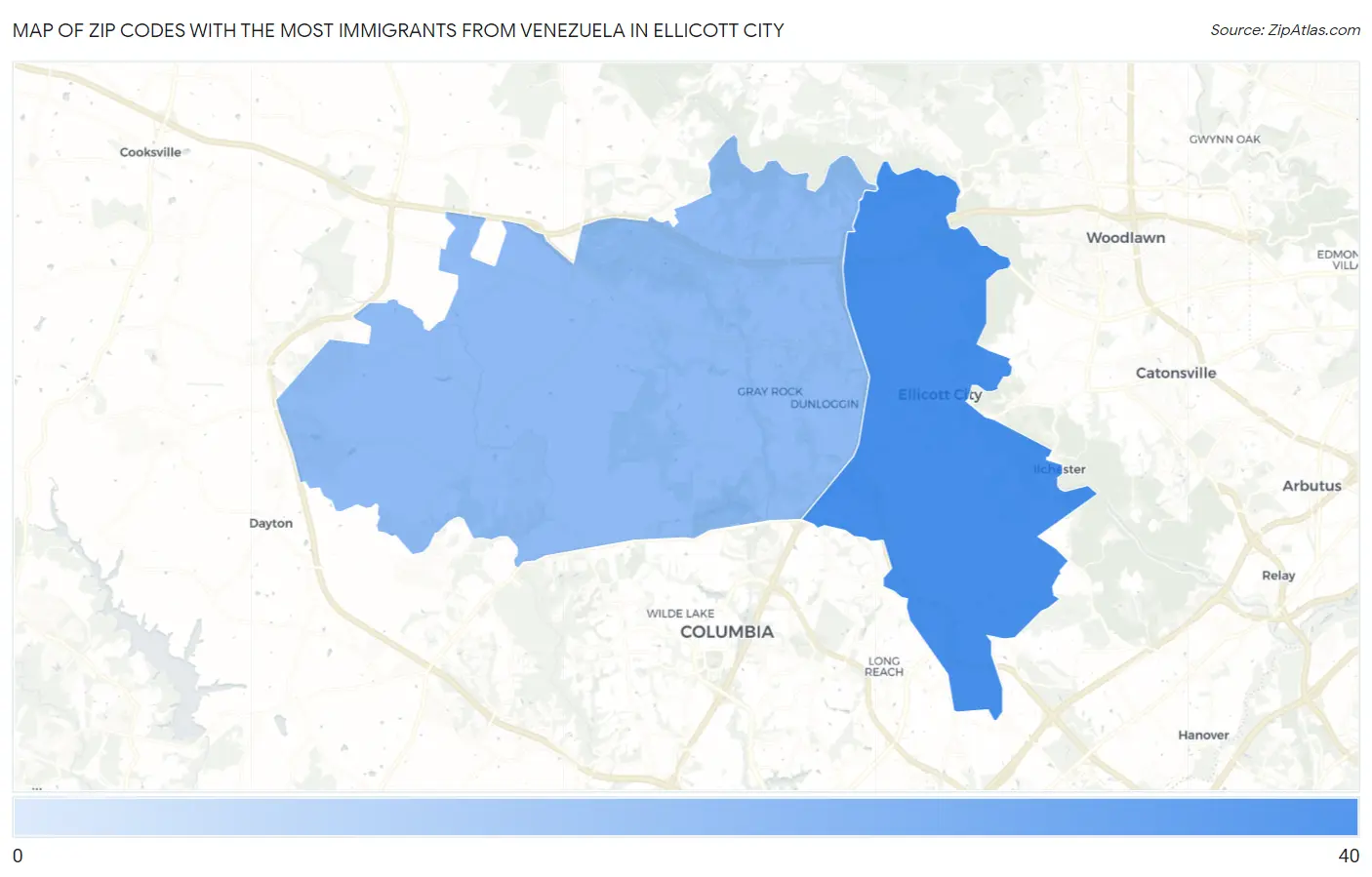 Zip Codes with the Most Immigrants from Venezuela in Ellicott City Map