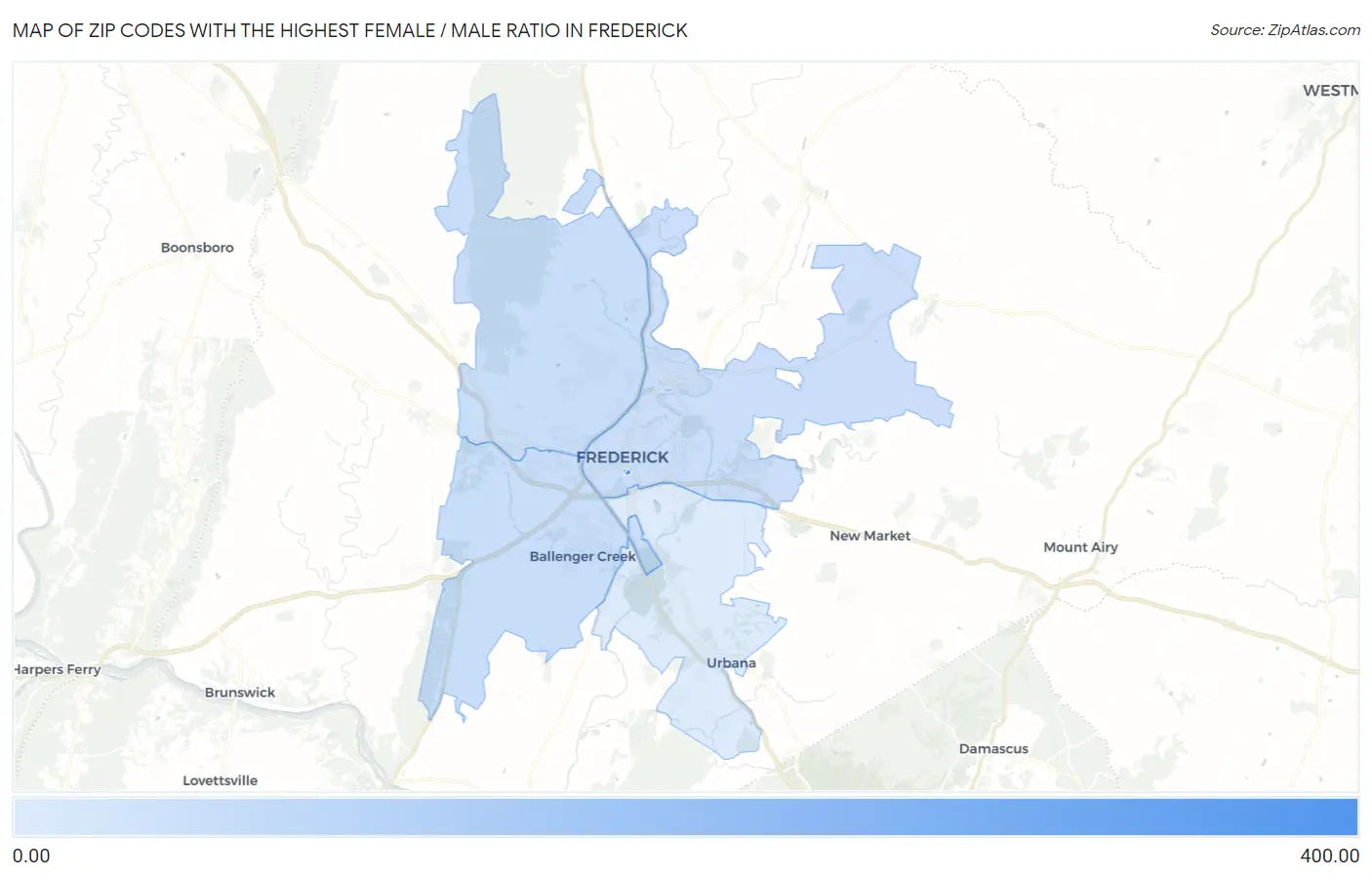 Zip Codes with the Highest Female / Male Ratio in Frederick Map