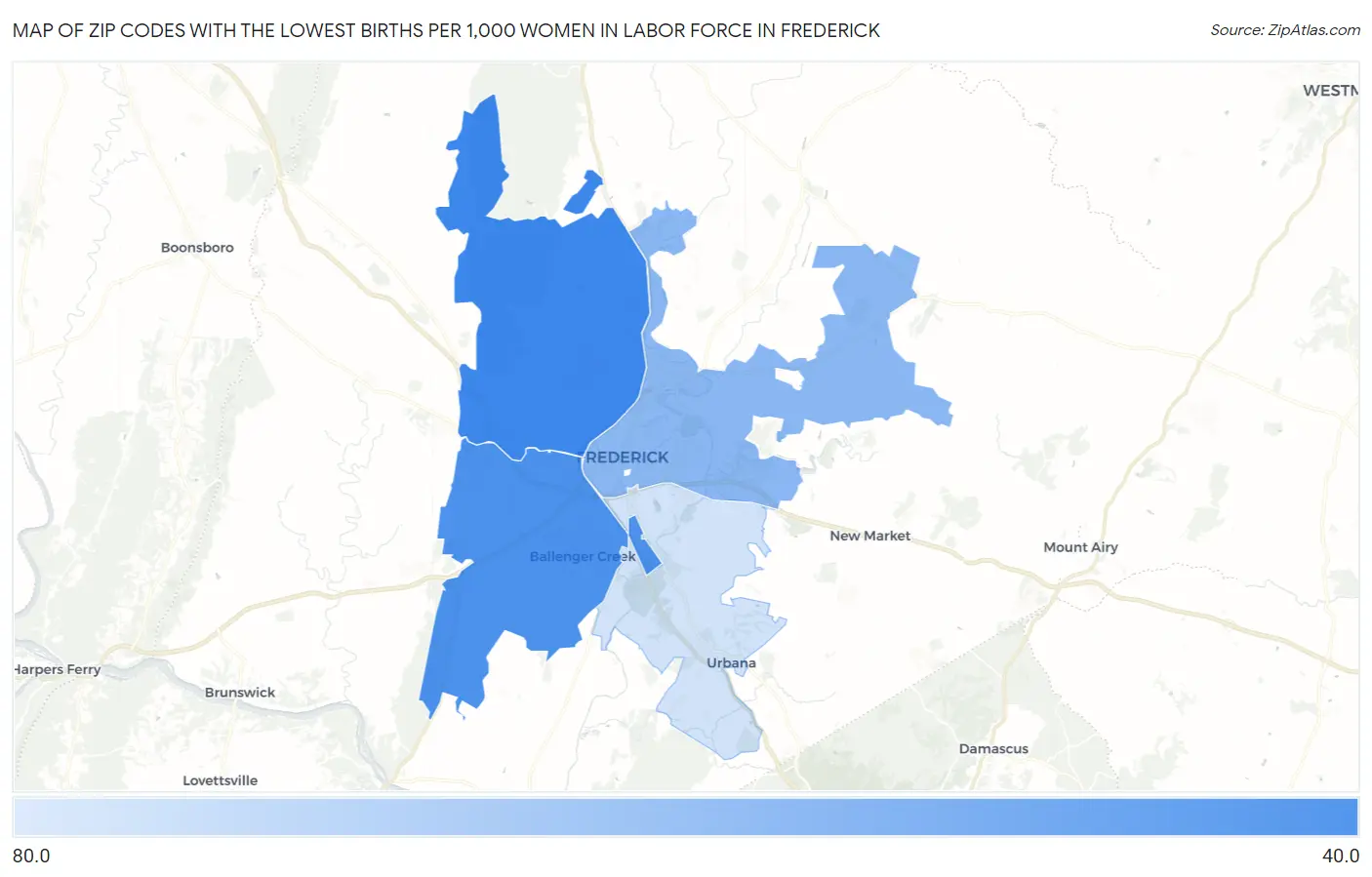 Zip Codes with the Lowest Births per 1,000 Women in Labor Force in Frederick Map
