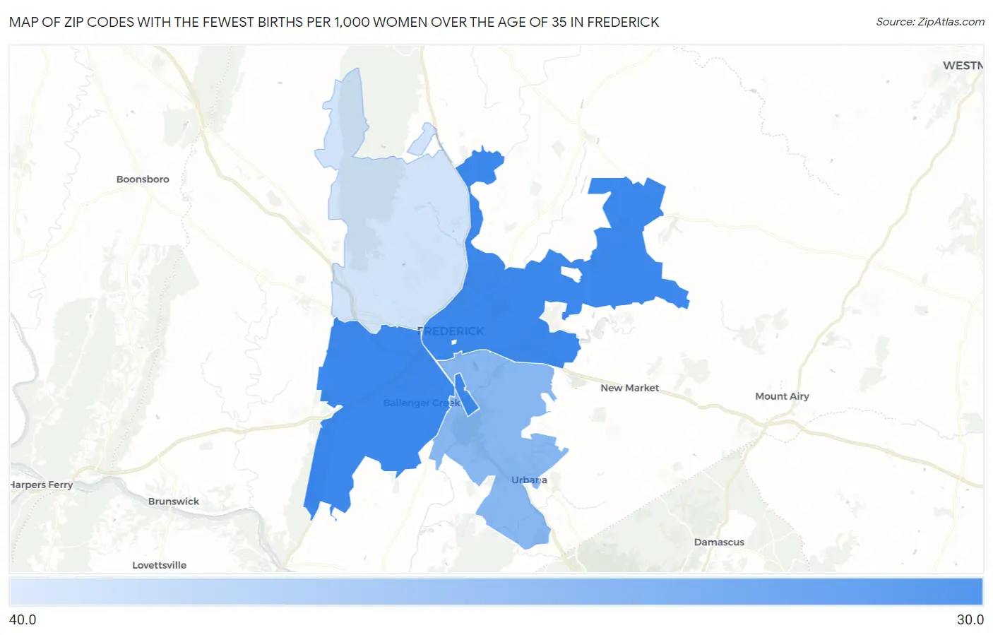 Zip Codes with the Fewest Births per 1,000 Women Over the Age of 35 in Frederick Map